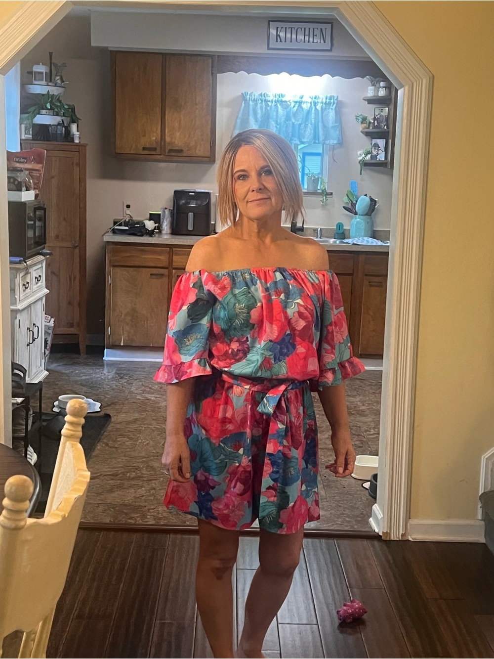 Off-Shoulder Floral Romper in Pink & Teal